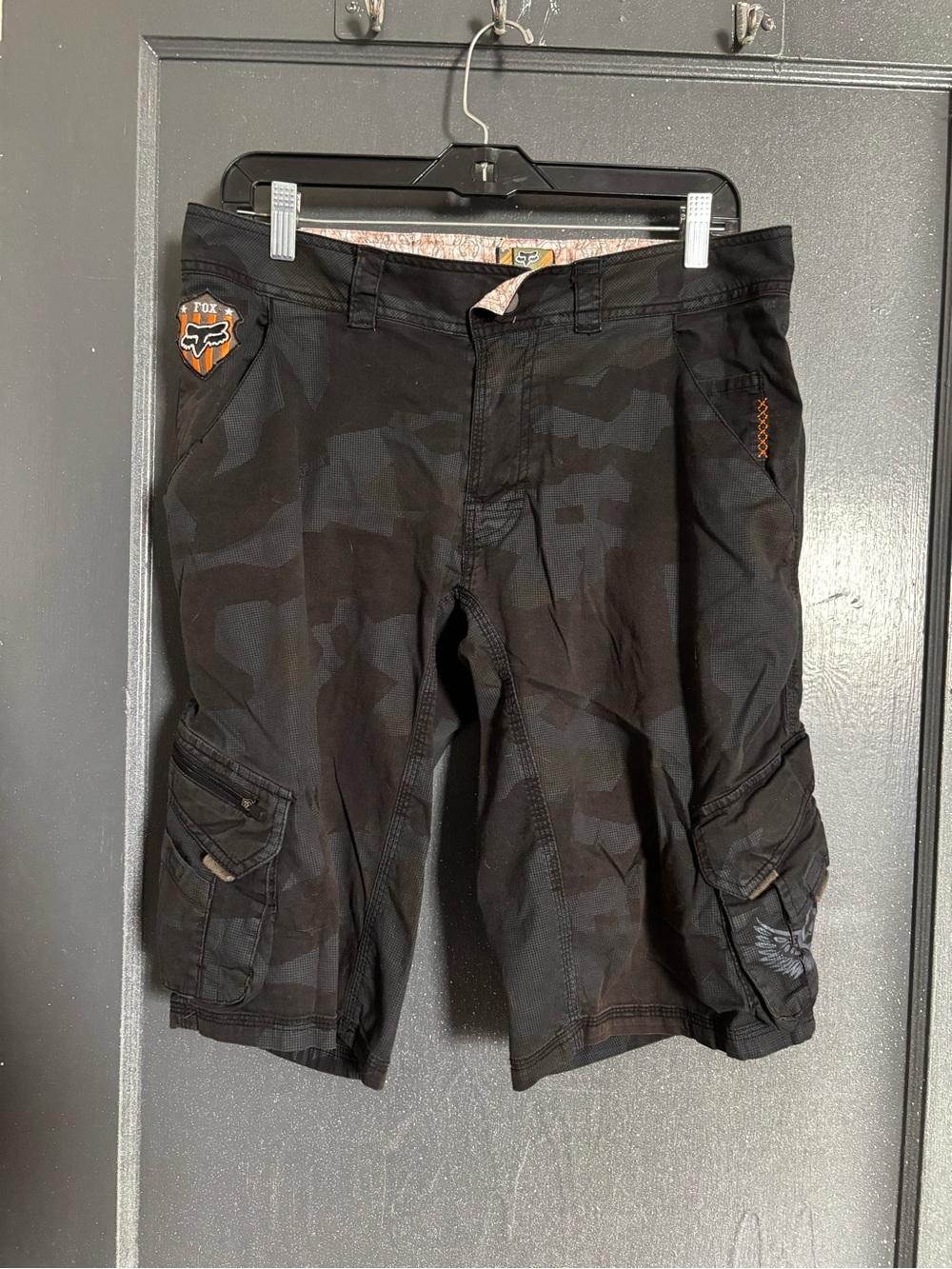 Fox Men’s Black Camo Cargo Shorts with Orange Logo Patch